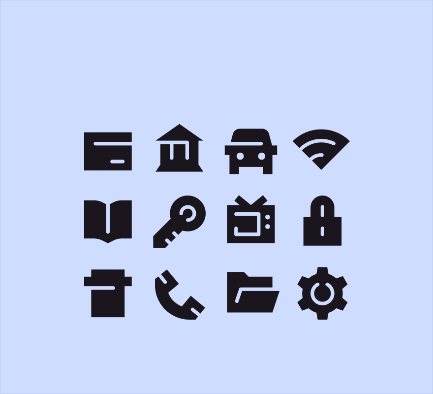 Twelve solid Kuda product icons in a four-by-three grid