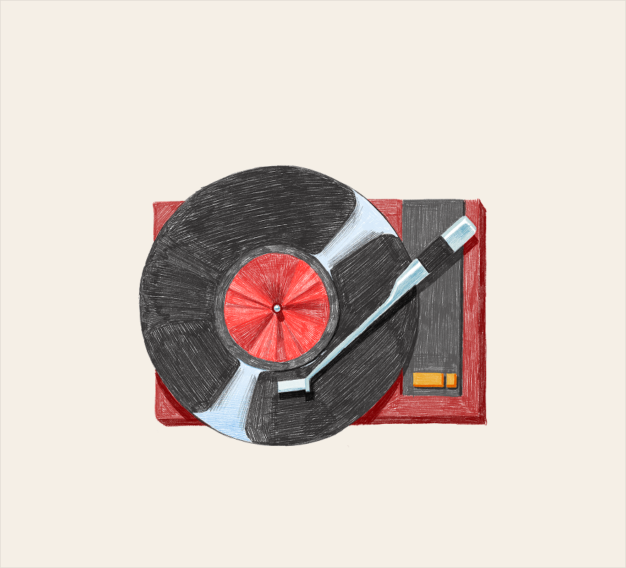 A hand-drawn record player in the refreshed brand style