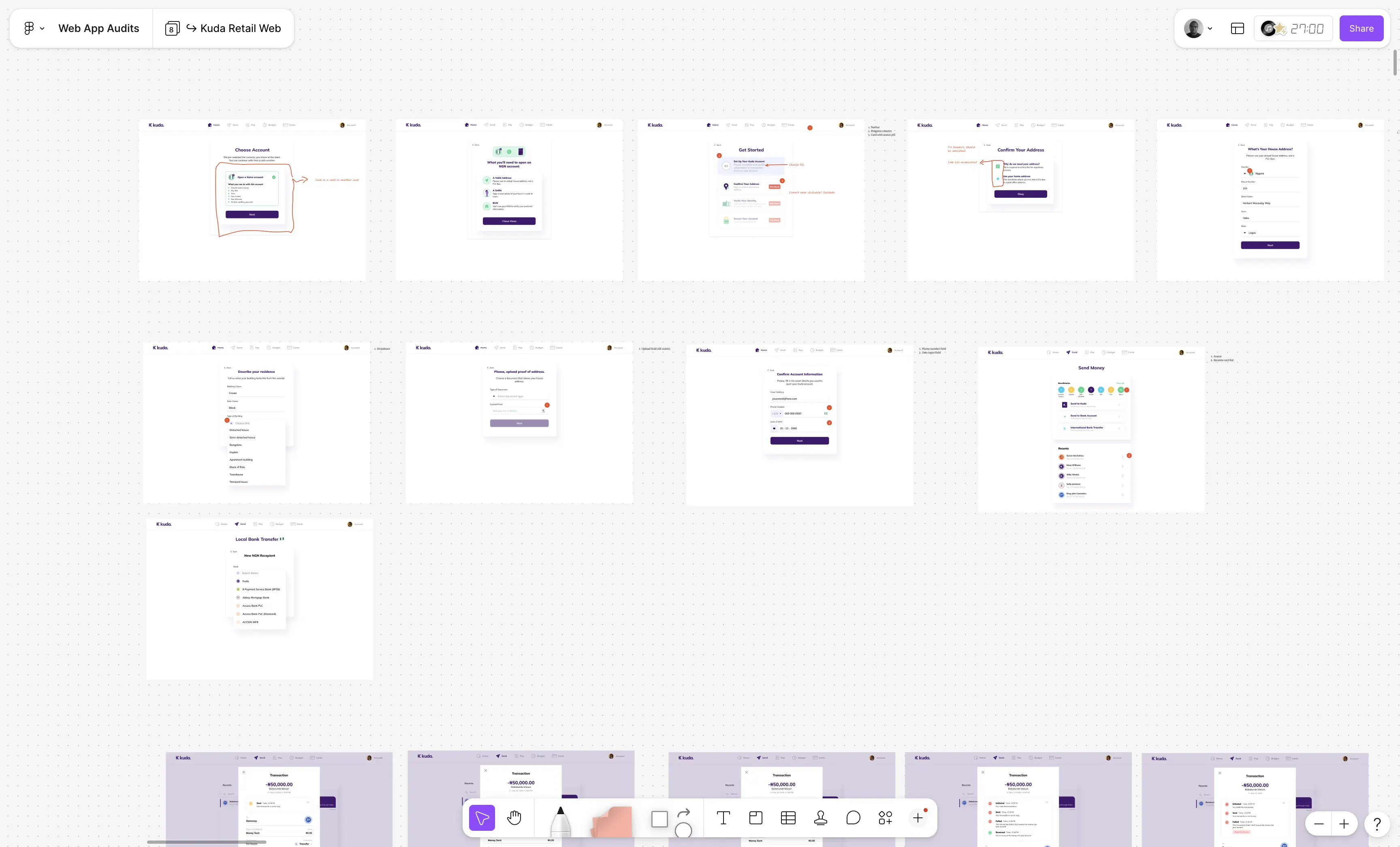 A FigJam board titled Web App Audits, covering Kuda Retail Web screens annotated with issues