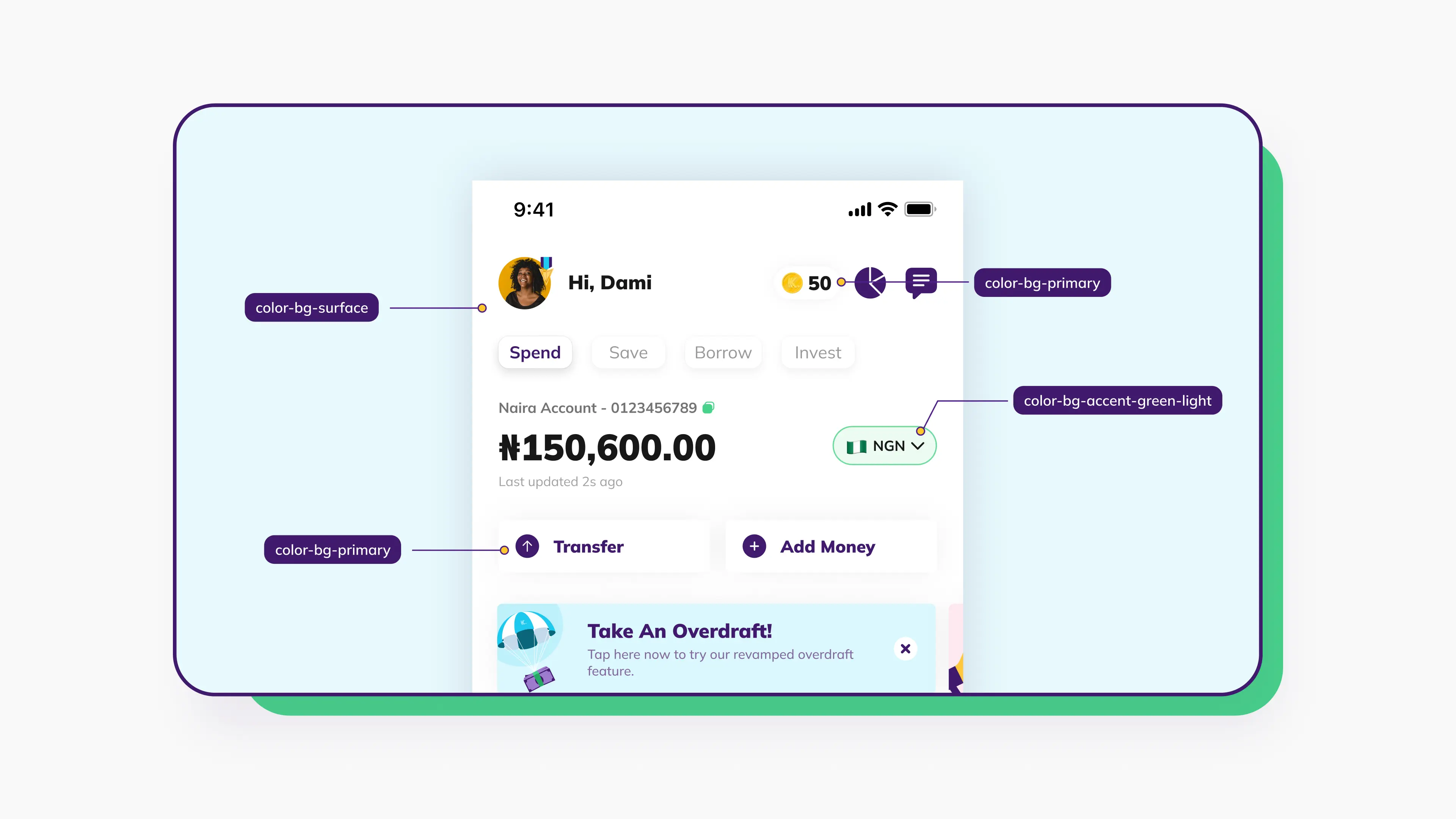A Kuda app screen with callouts labelling the background token applied to each surface