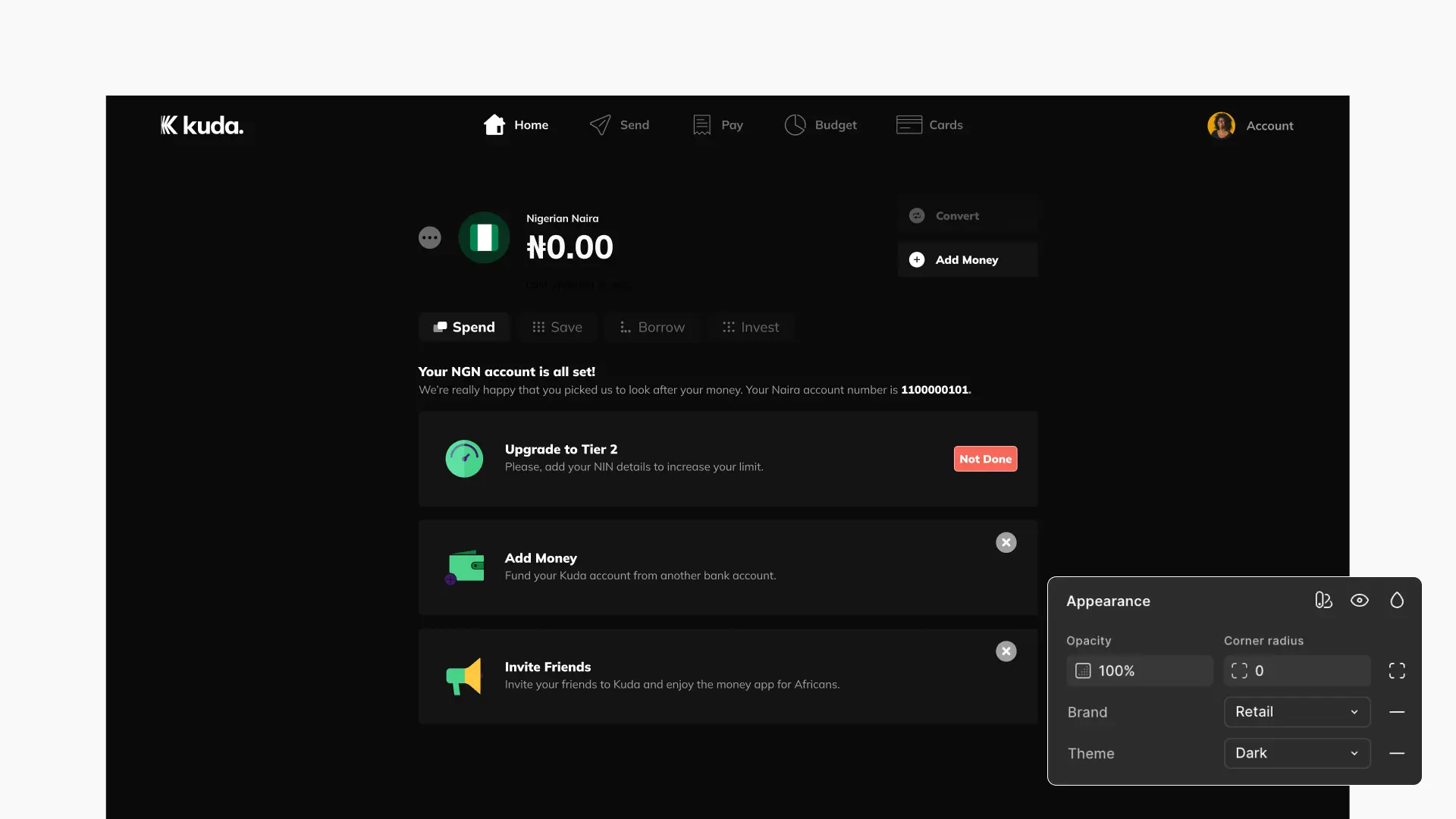 The Kuda web app in dark mode beside Figma’s Appearance panel, with Brand set to Retail and Theme set to Dark