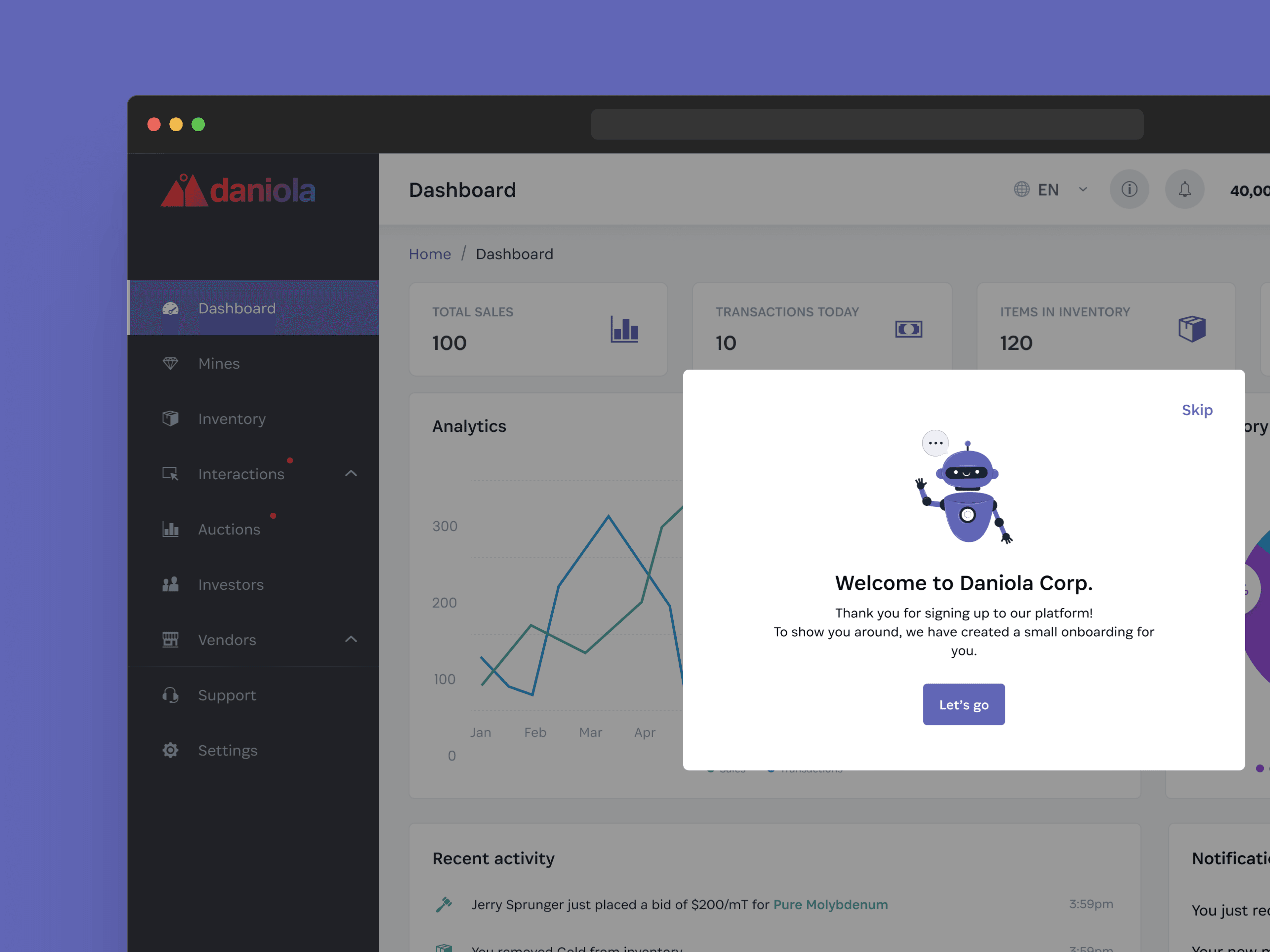 Welcome to Daniola walkthrough on the dashboard