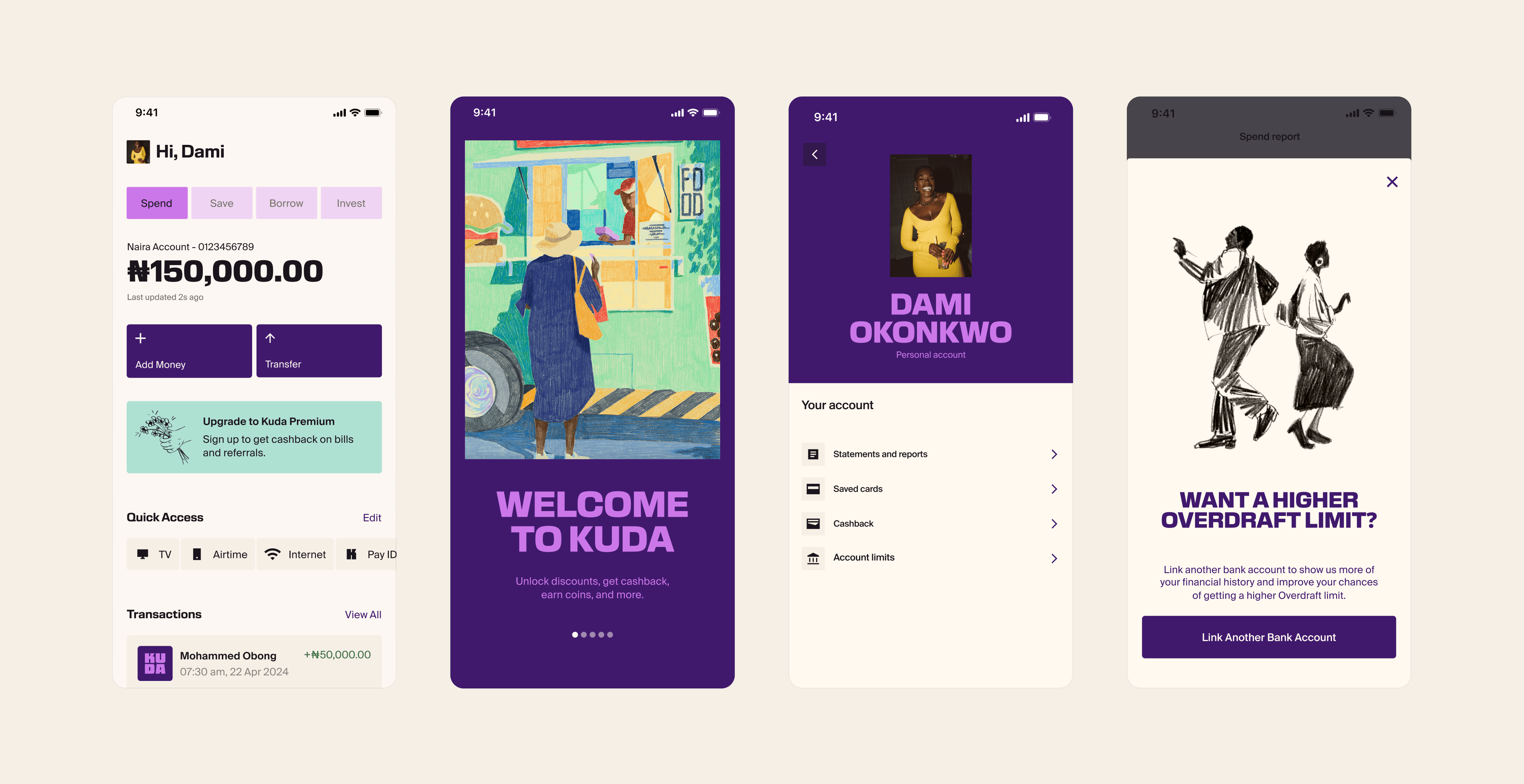 Four Kuda product screens carrying the refreshed visual identity